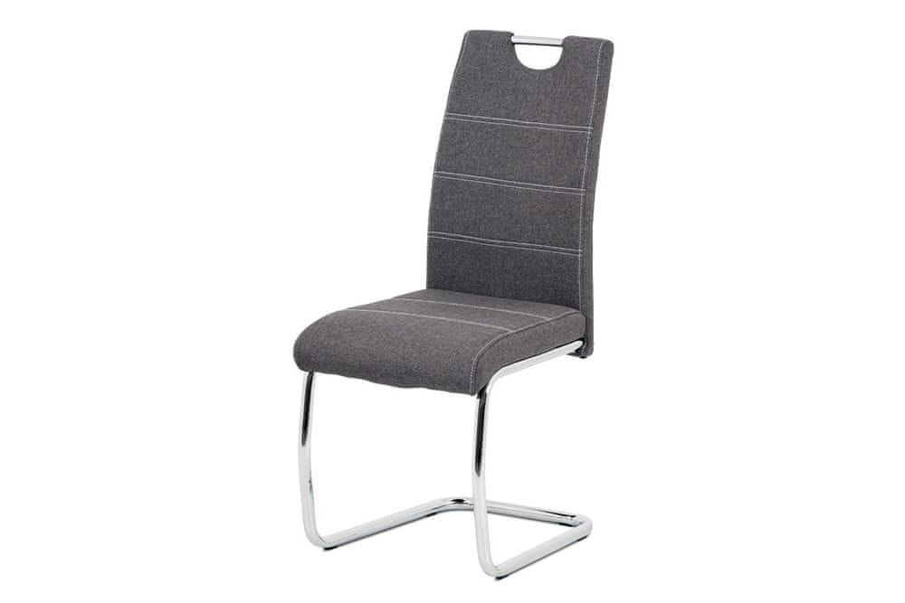 Autronic Jedálenská stolička, poťah sivá látka, biele prešitie, kovová chrómovaná perová podnož HC-482 GREY2